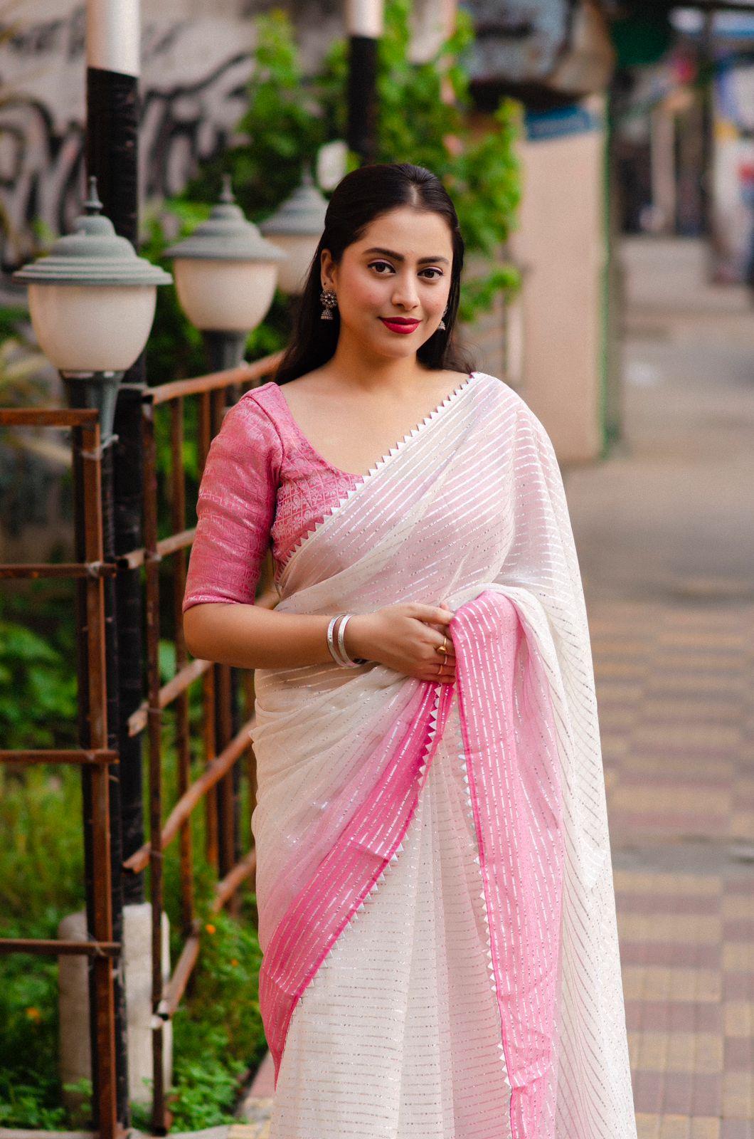 Pink Poly Chiffon Striped Saree with Unstitched Blouse - Hiral Fashion | Swadesiicart