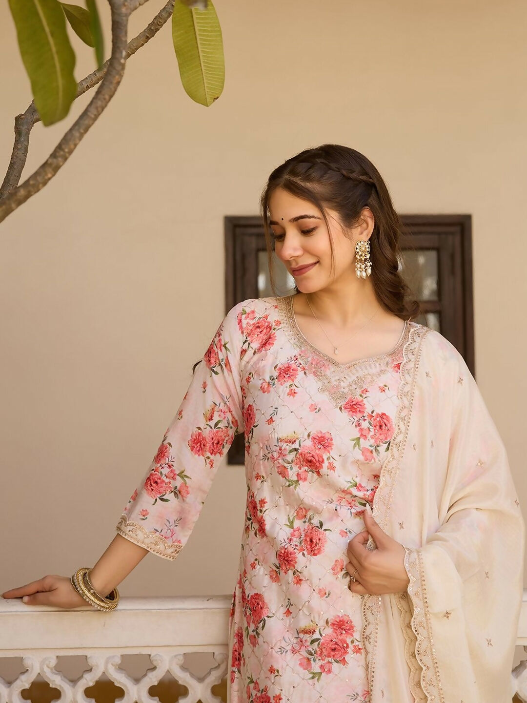 The52 White Women's Gorgeous Embroidered Chinon Fabric Straight Kurta Palazzo and Dupatta Set - Swadesiicart