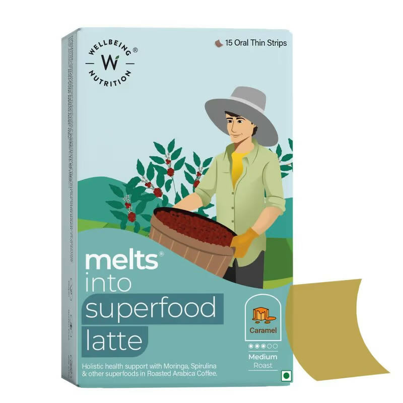 Wellbeing Nutrition Melts Superfood Latte Strips - Caramel Flavor - Nutritionalab Private Limited