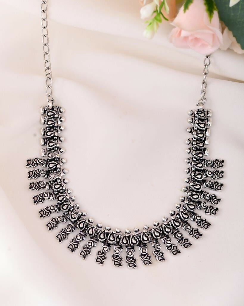 VOJ Silver-Toned Silver-Plated Oxidized Necklace | Swadesiicart