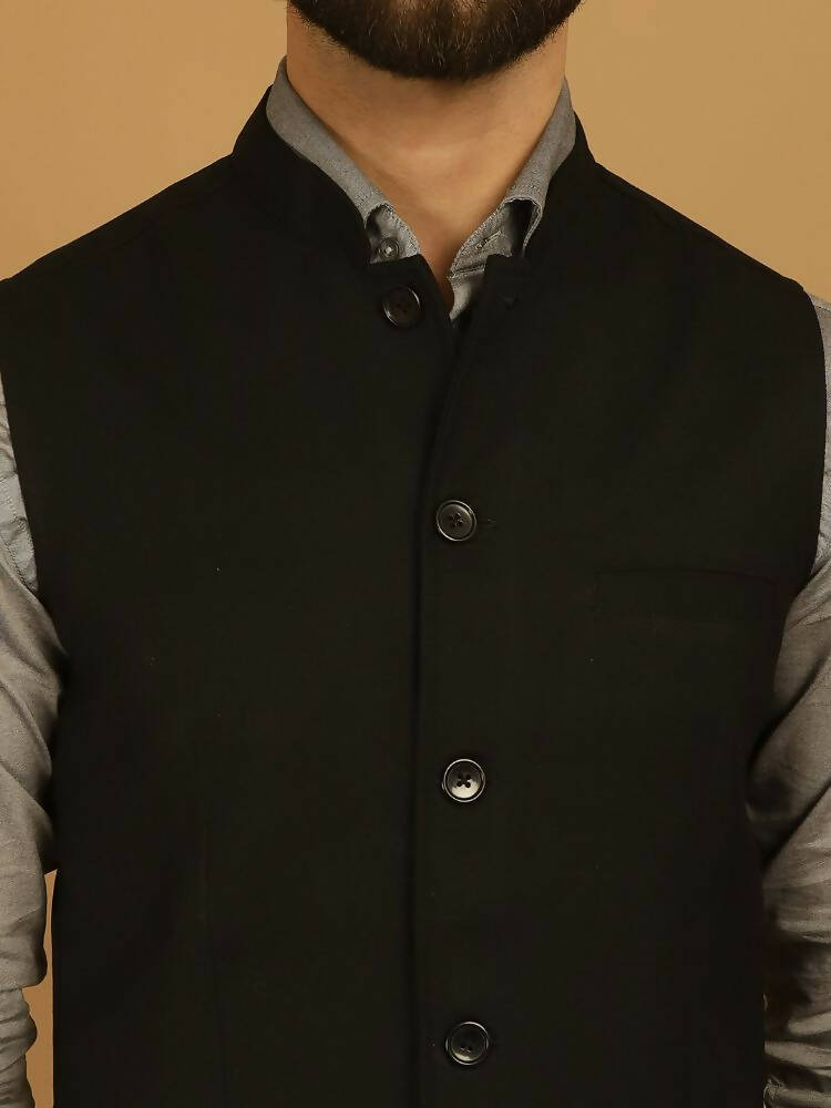 Even Apparels Nehru Jacket With Welt Pockets - Black | Swadesiicart