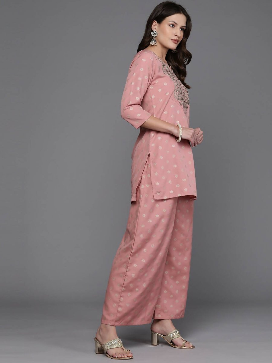 Ahalyaa Women Floral Yoke Design Tunic with Palazzos - Pink Color | Swadesiicart