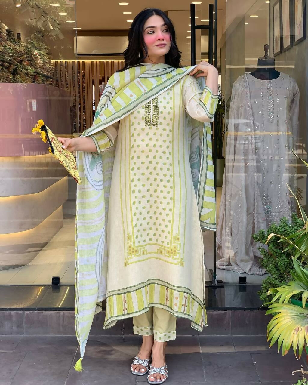 The52 Multi Women's Gorgeous Linen Silk Fabric Embroidered Work Straight Kurta Pant and Dupatta Set - Swadesiicart