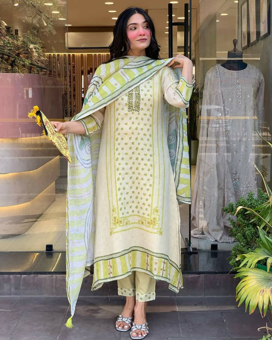 The52 Multi Women's Gorgeous Linen Silk Fabric Embroidered Work Straight Kurta Pant and Dupatta Set - Swadesiicart