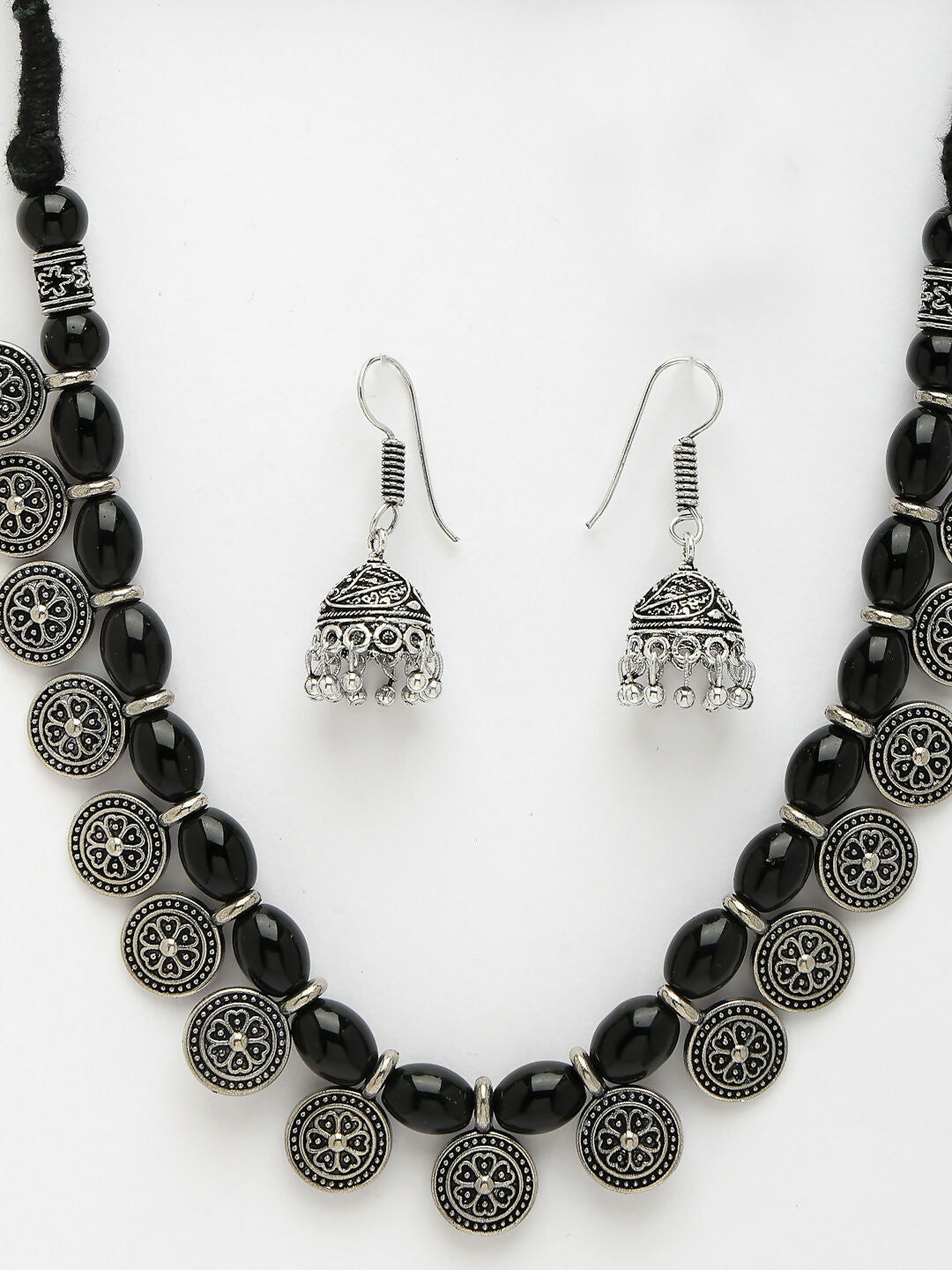 NVR Women's Black Silver-Plated Choke Oxidized Necklace with Jhumka Earrings - Swadesiicart