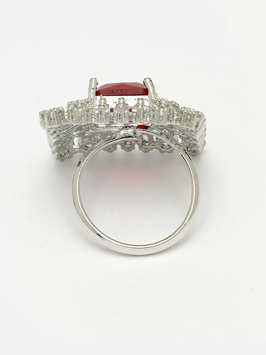 NVR Women's Red & Silver CZ-Studded Square-Shaped Adjustable Finger Ring | Swadesiicart
