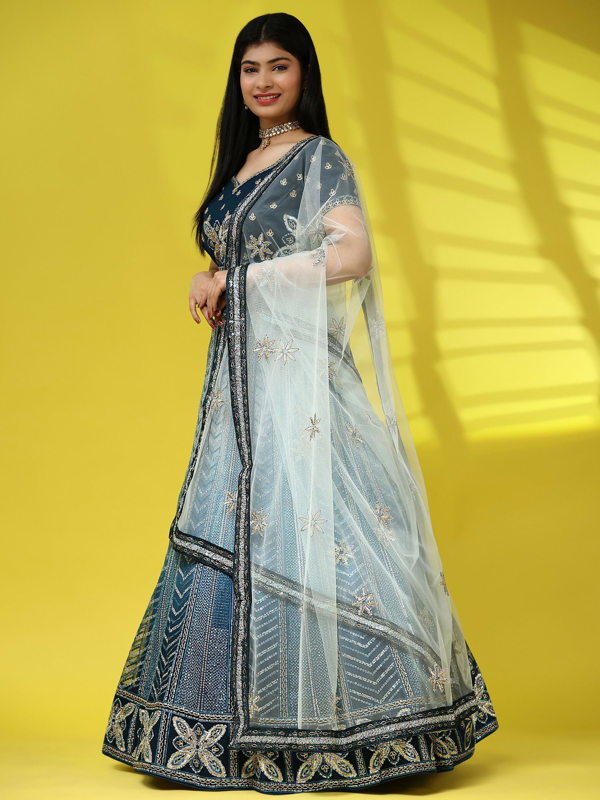 Blue Fancy Net Sequence Embroidered Lehenga Choli with Dupatta - Dhara | Swadesiicart