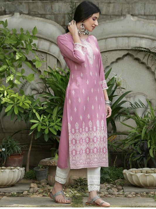 Indian Clothing Cheera Embellished Daily Wear Cotton Blend Kurta - Baby Pink - Swadesiicart