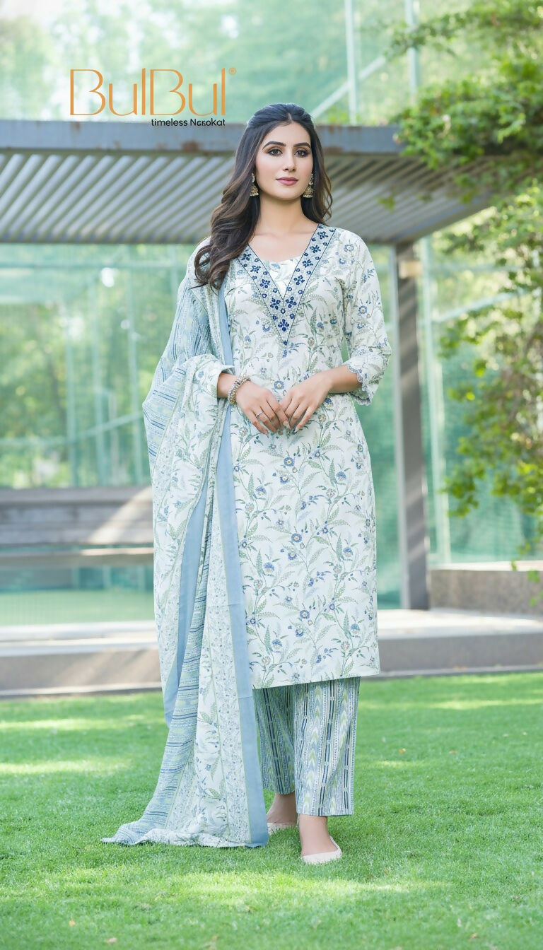 BulBul Fashionista Cotton Floral Blue Kurta Set with Dupatta - Swadesiicart