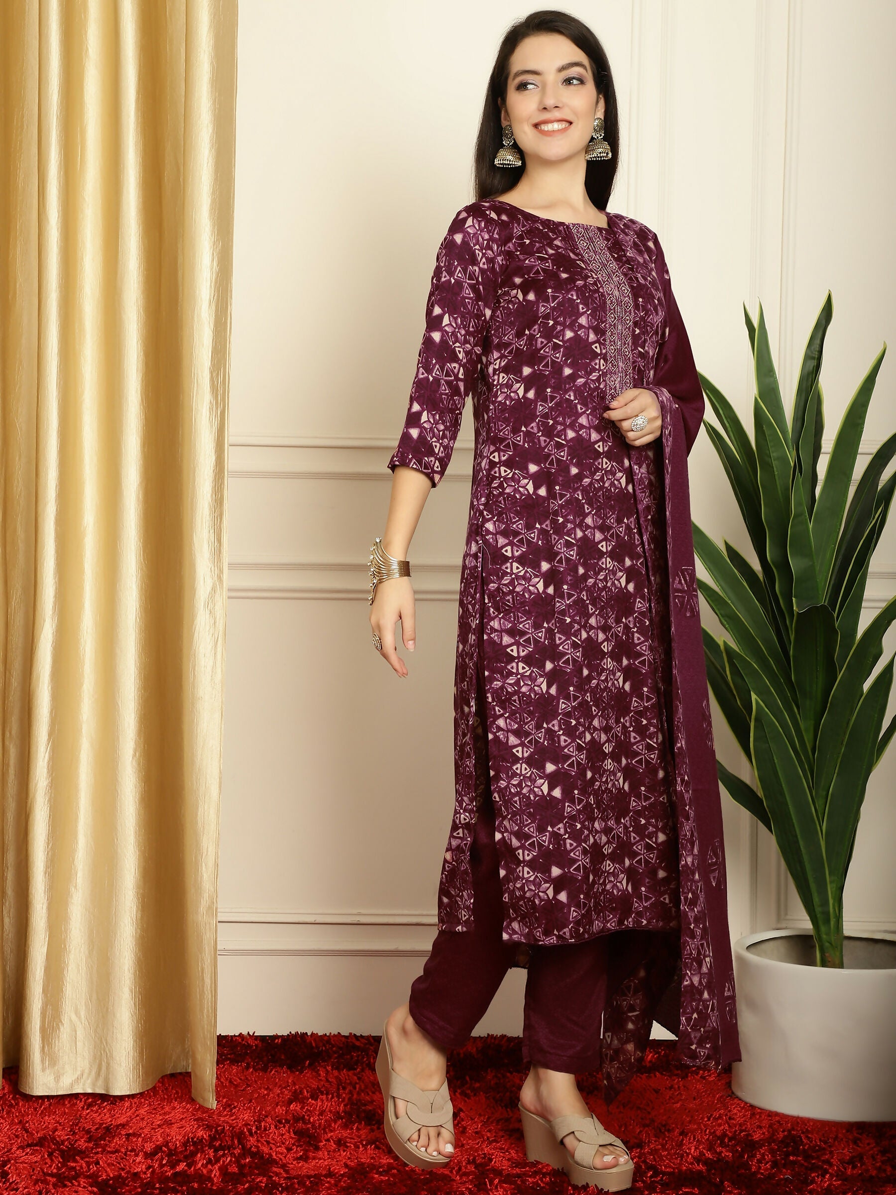 Jyoti Fashion Women's Wine Pashmina Floral Digital Printed Kurta with Trouser & Dupatta | Swadesiicart