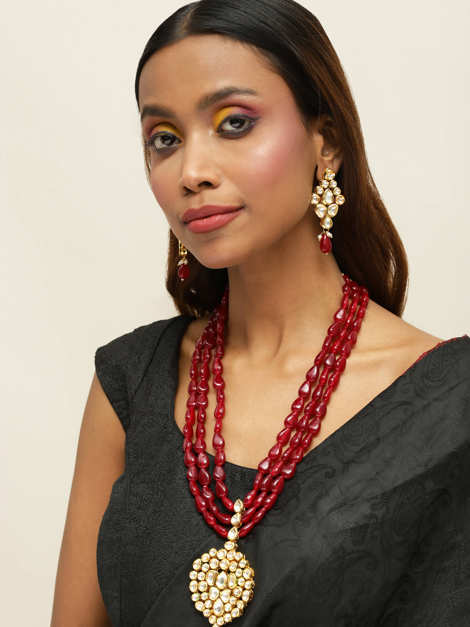 Gold-Polished White Maroon Kundan Studded Beaded Handcrafted Jewellery Set - Ruby Raang - Ruby Raang Studio