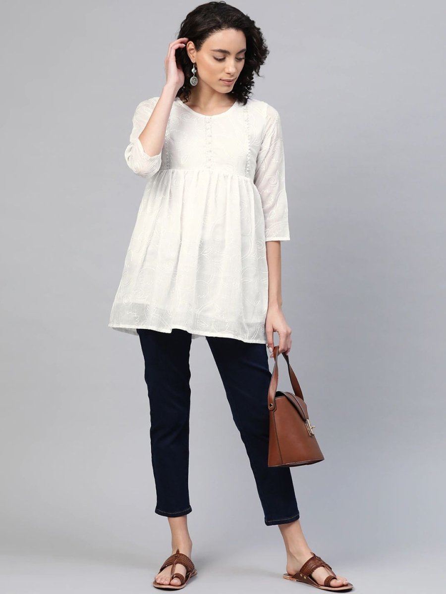 Ahalyaa Women Off-White Cotton Embroidered Tunic | Swadesiicart