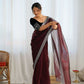 Attrctive Looking Gold Jari, Sequance Embroidery Work Twill Net Party Wear Saree - Coffee