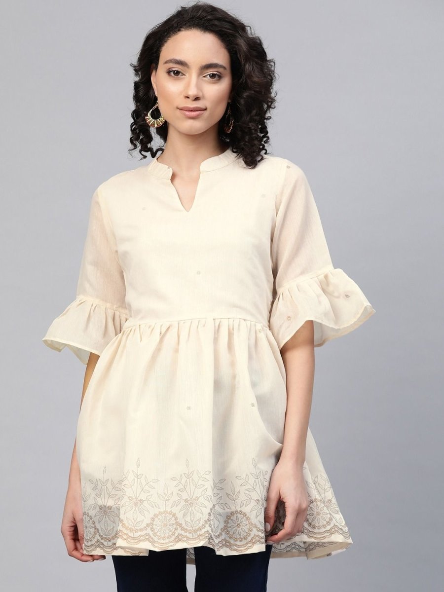 Ahalyaa Women Cream-Coloured Chanderi Ethnic Print Tunic | Swadesiicart