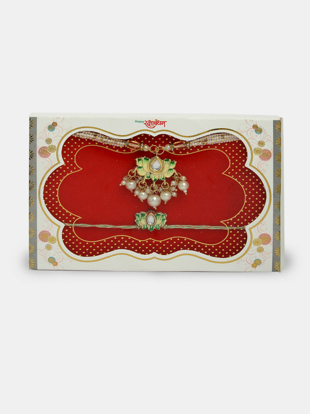 NVR Women & Men Set of 2 Green Lotus Shape Kundan-Studded & Beaded Wraparound Rakhi Set With Roli Chawal & Chocolate | Swadesiicart