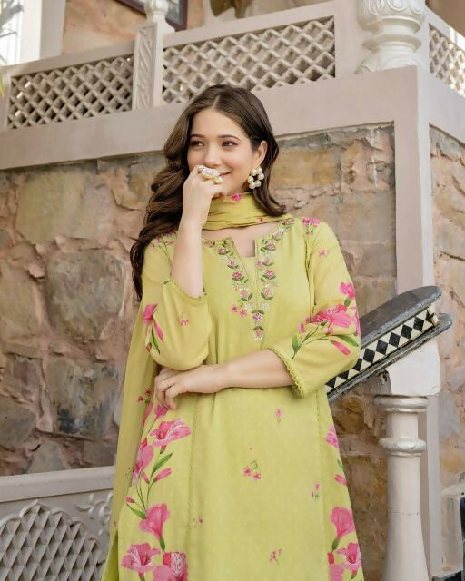 The52 Lemons Women's Beautiful Chanderi Fabric Printed Work Straight Kurta Pant and Dupatta Set - Swadesiicart