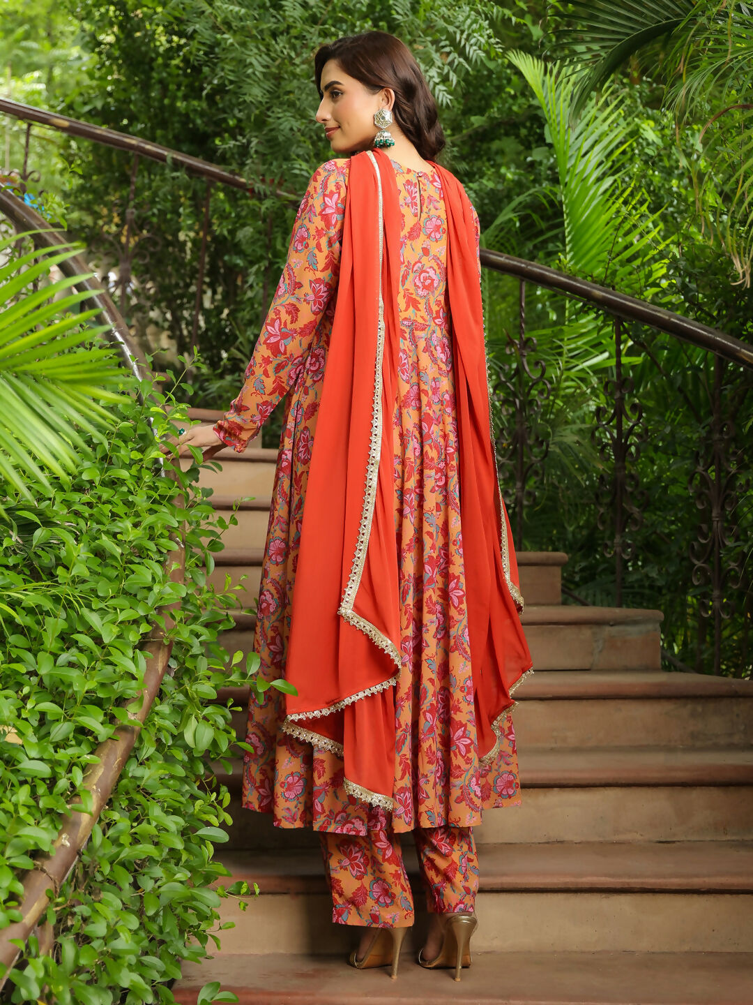 Janasya Mustard Georgette Floral Kurta,Bottom & Dupatta | Swadesiicart