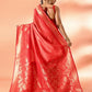 Joban Fashion Peach & Red Plain With Weaving Border Banarasi Silk Sarees | Swadesiicart