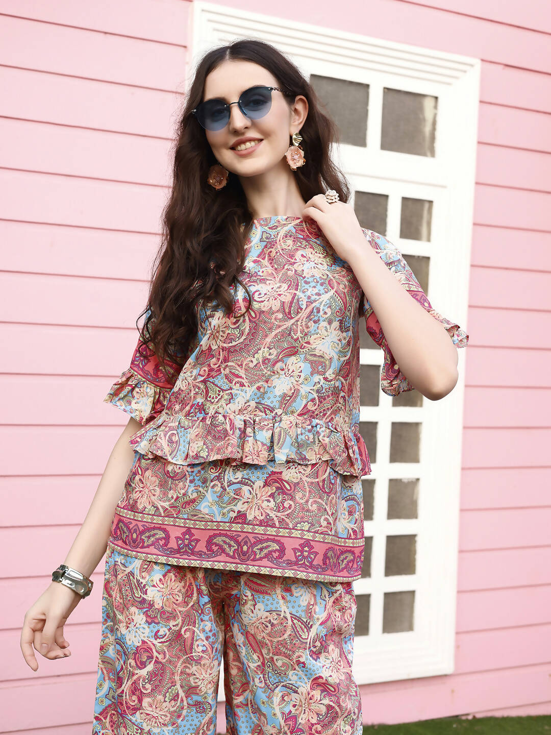 Red Rayon Floral Printed Top with Matching Bottom - Eesha - Swadesiicart