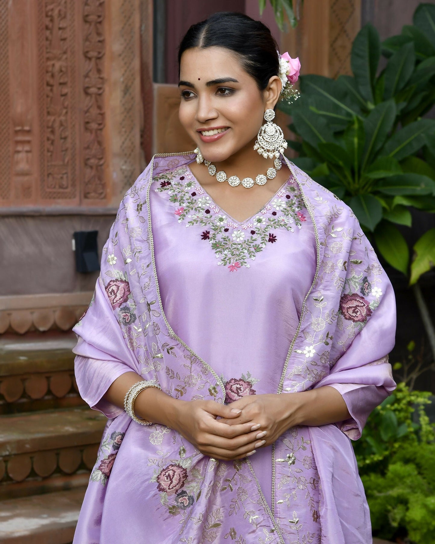 Vaasva Women's Tissue Silk Emboidered Suit Set With Solid Pant & Solid Embroidered Dupatta | Swadesiicart