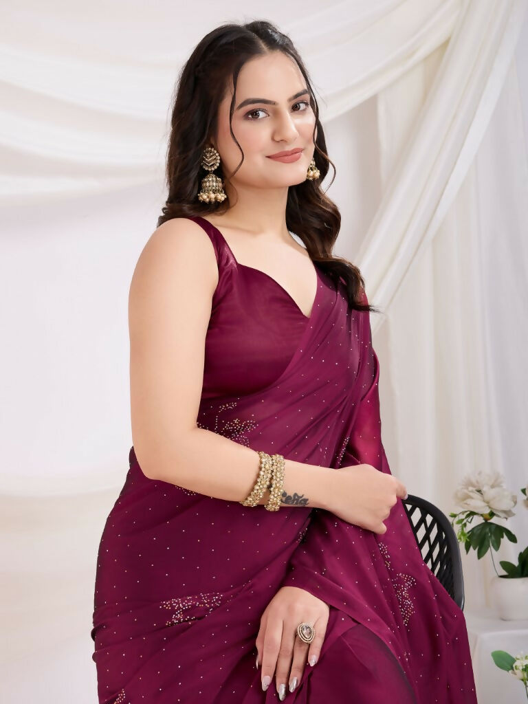 Maroon Rangoli Silk Diamond Work Ready To Wear Saree - Tamana | Swadesiicart