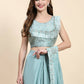 Sky Blue Silk Satin Solid Ready to wear Saree with stitched Blouse - Satiksha | Swadesiicart