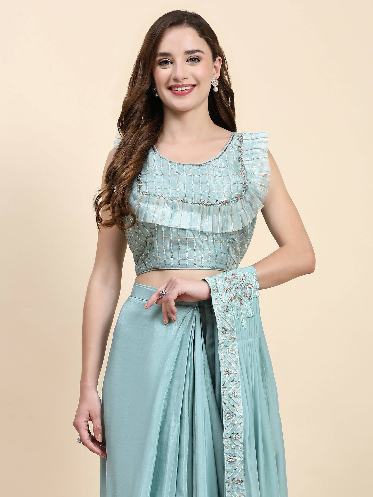 Sky Blue Silk Satin Solid Ready to wear Saree with stitched Blouse - Satiksha | Swadesiicart