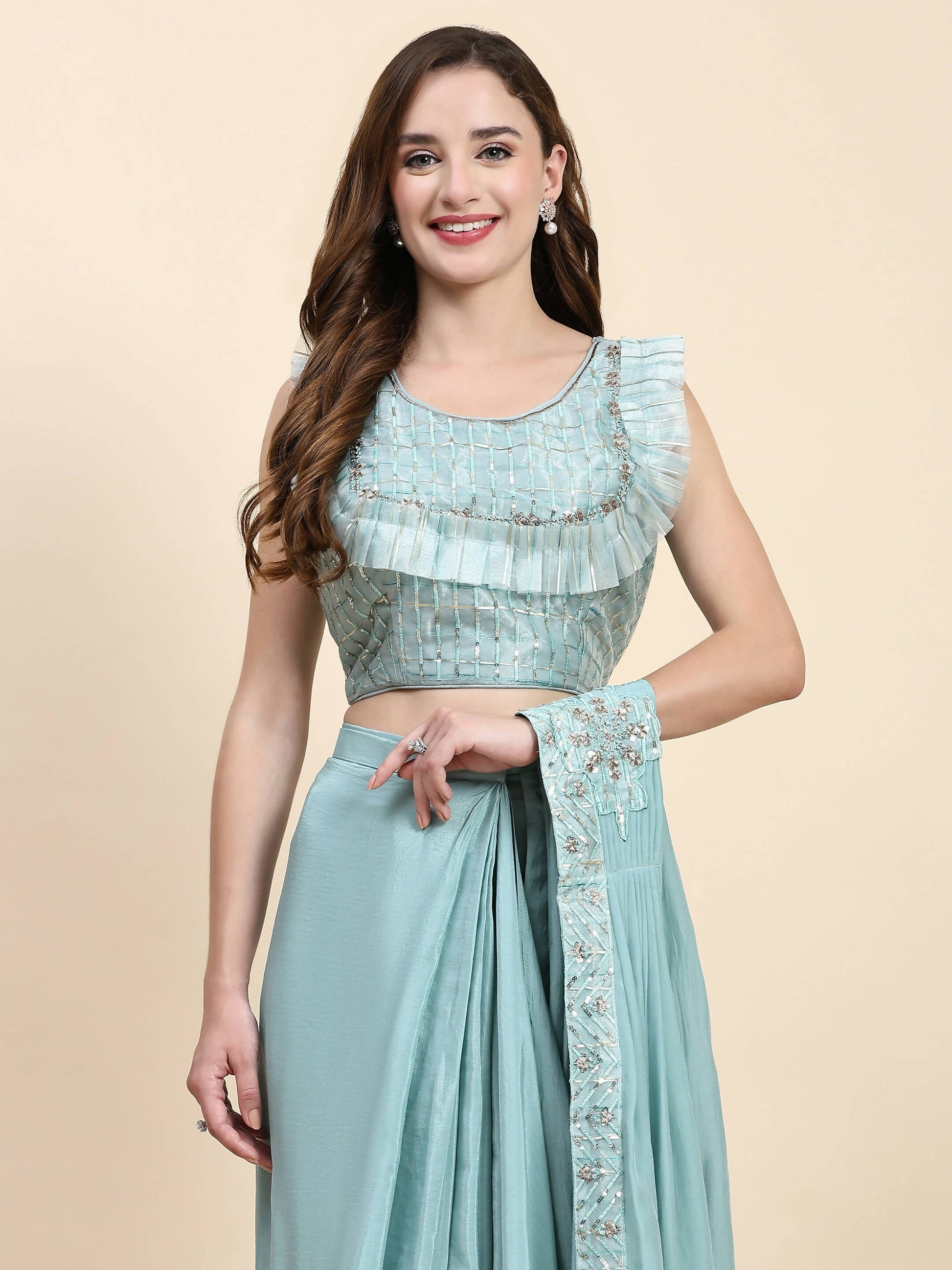 Sky Blue Silk Satin Solid Ready to wear Saree with stitched Blouse - Satiksha | Swadesiicart