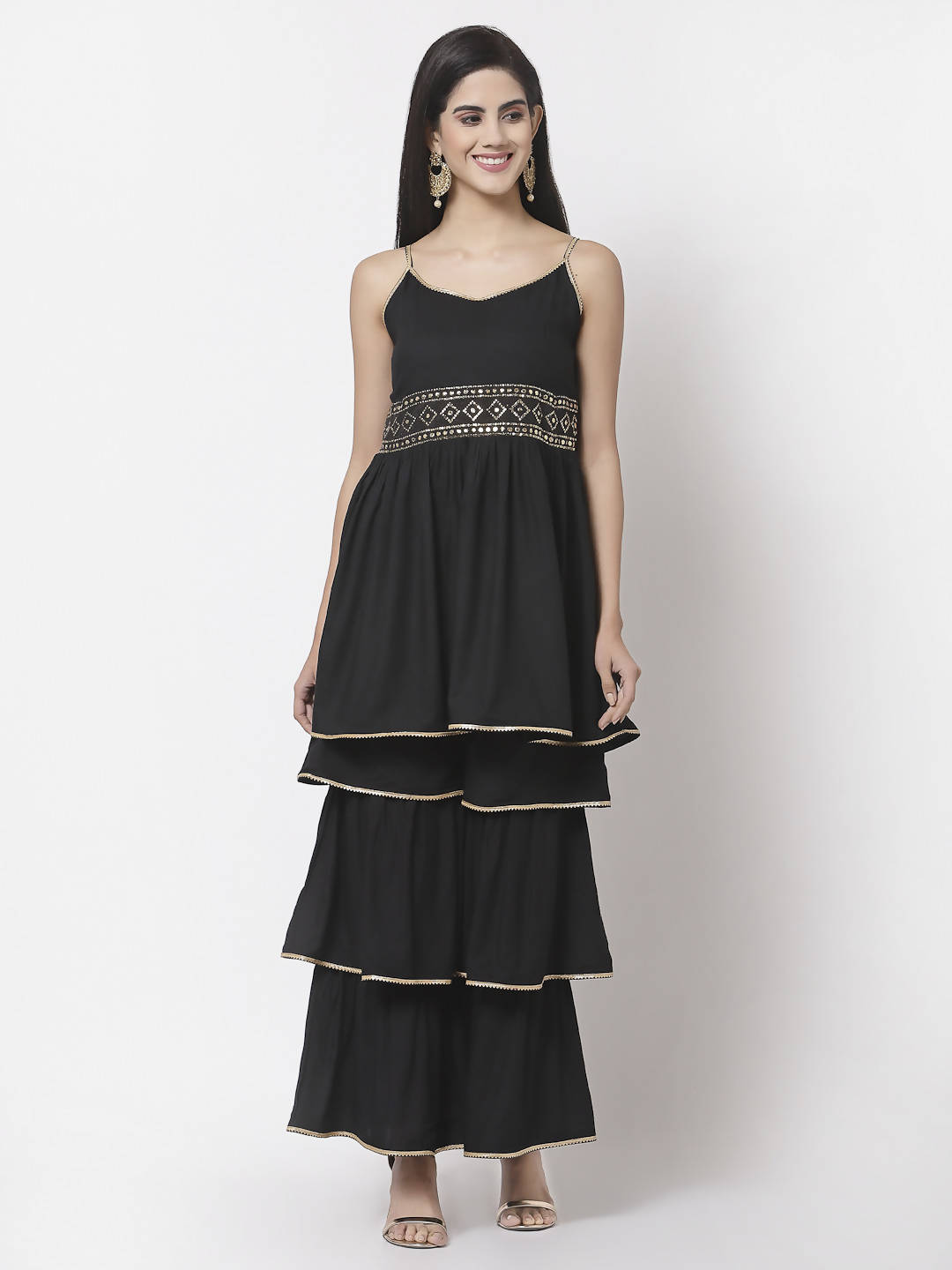 Myshka Women Black Rayon Solid Sleeveless Round Neck Kurta With Sharara & Dupatta Set | Swadesiicart