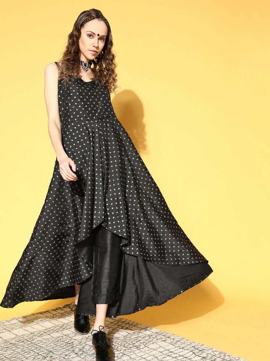 Ahalyaa Women Black Colour Poly Silk Gold Printed Kurta Pant Set | Swadesiicart