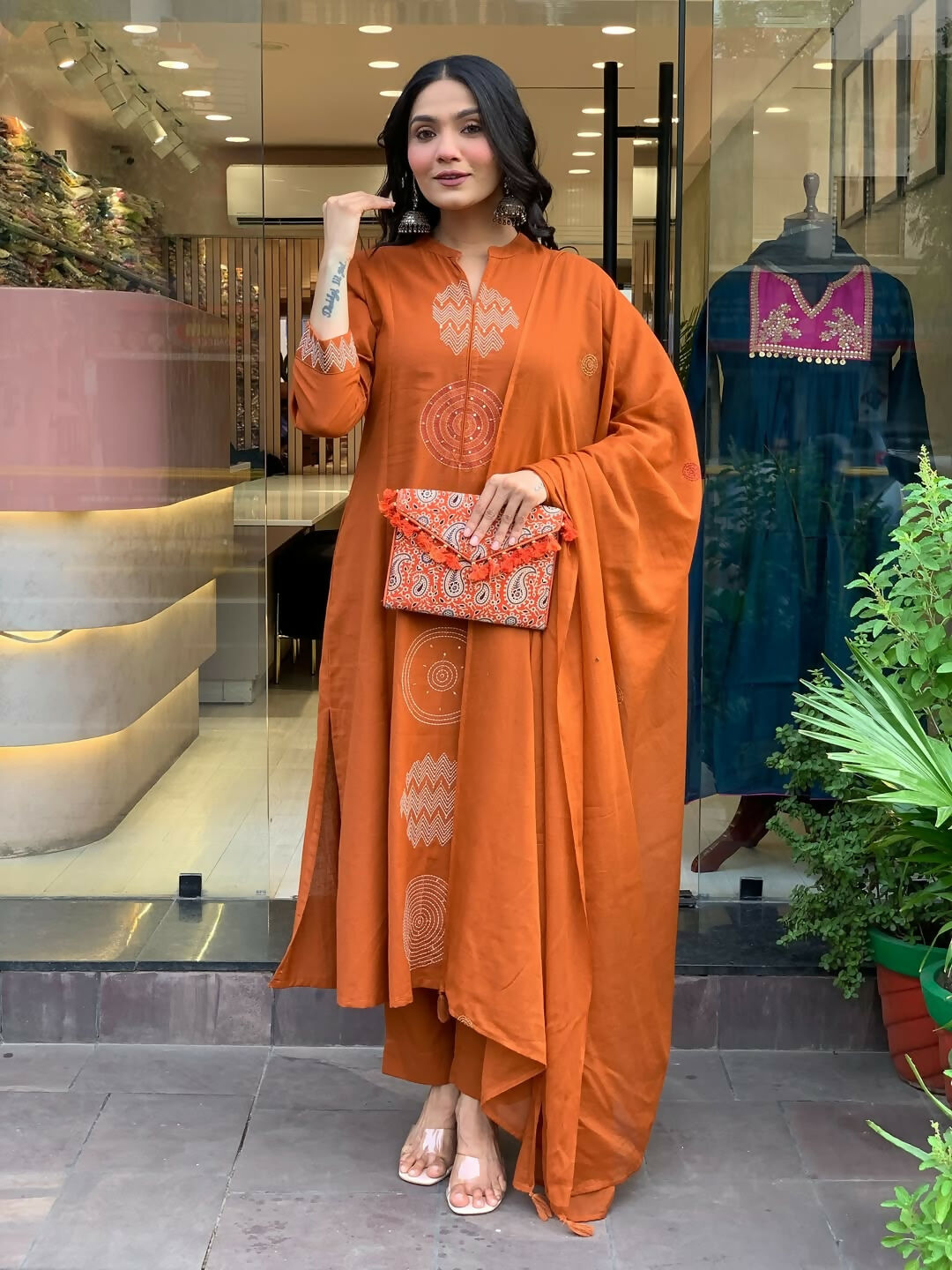 The52 Orange Women's Gorgeous Chanderi Fabric Embroidered Work Straight Kurta Pant and Dupatta Set - Swadesiicart