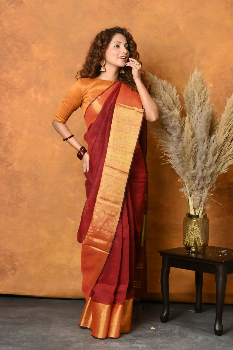 Very Much Indian Handloom Pure Cotton Linen Saree With Golden Border - Dark Maroon | Swadesiicart