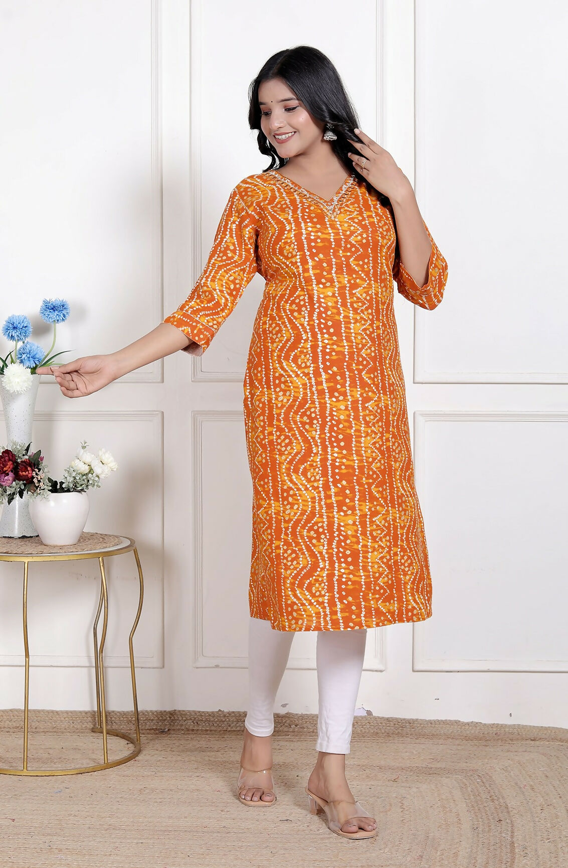 Miravan Womens Yellow Bandhani Printed Straight Kurti - Swadesiicart