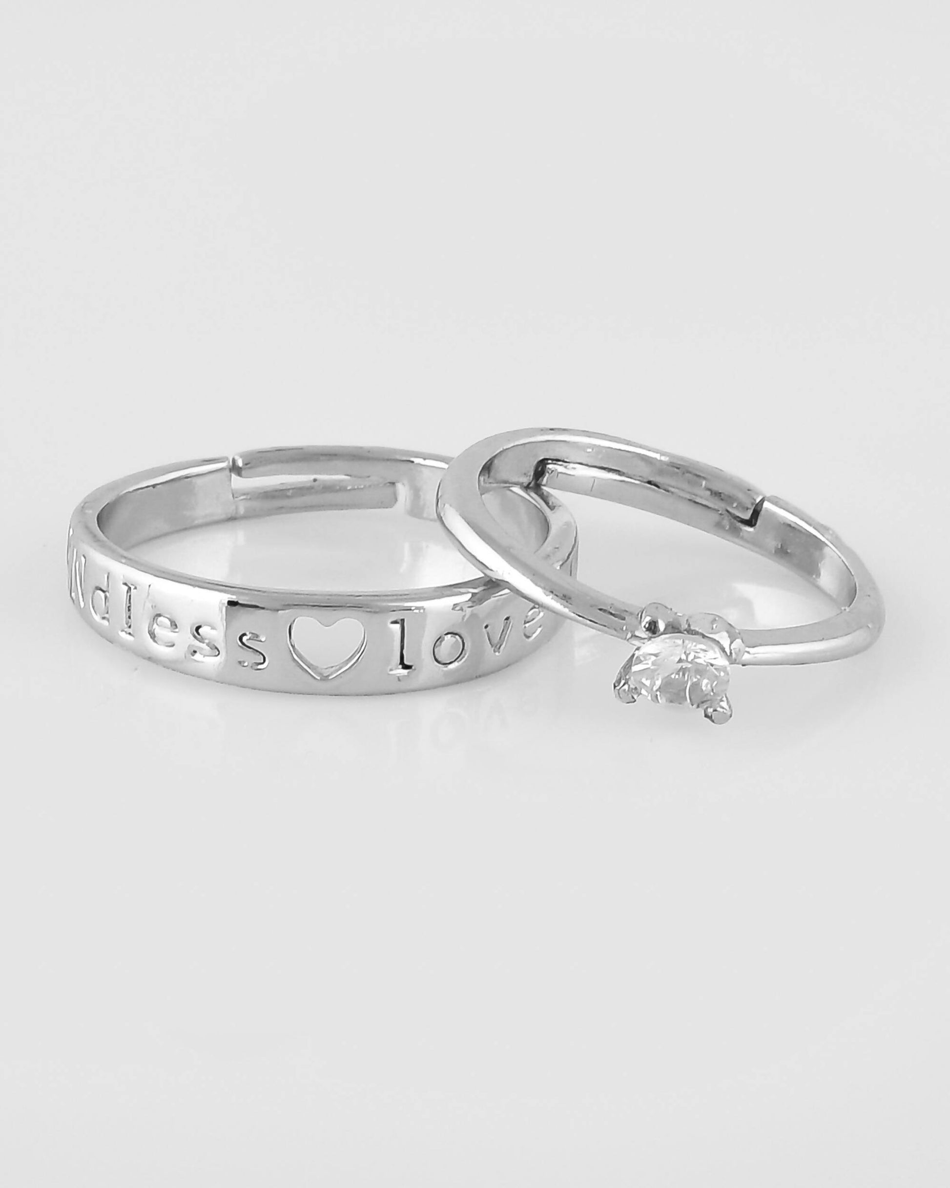 VOJ Stainless Steel Cubic Zirconia Silver Plated Adjustable Ring Set for Couple | Swadesiicart