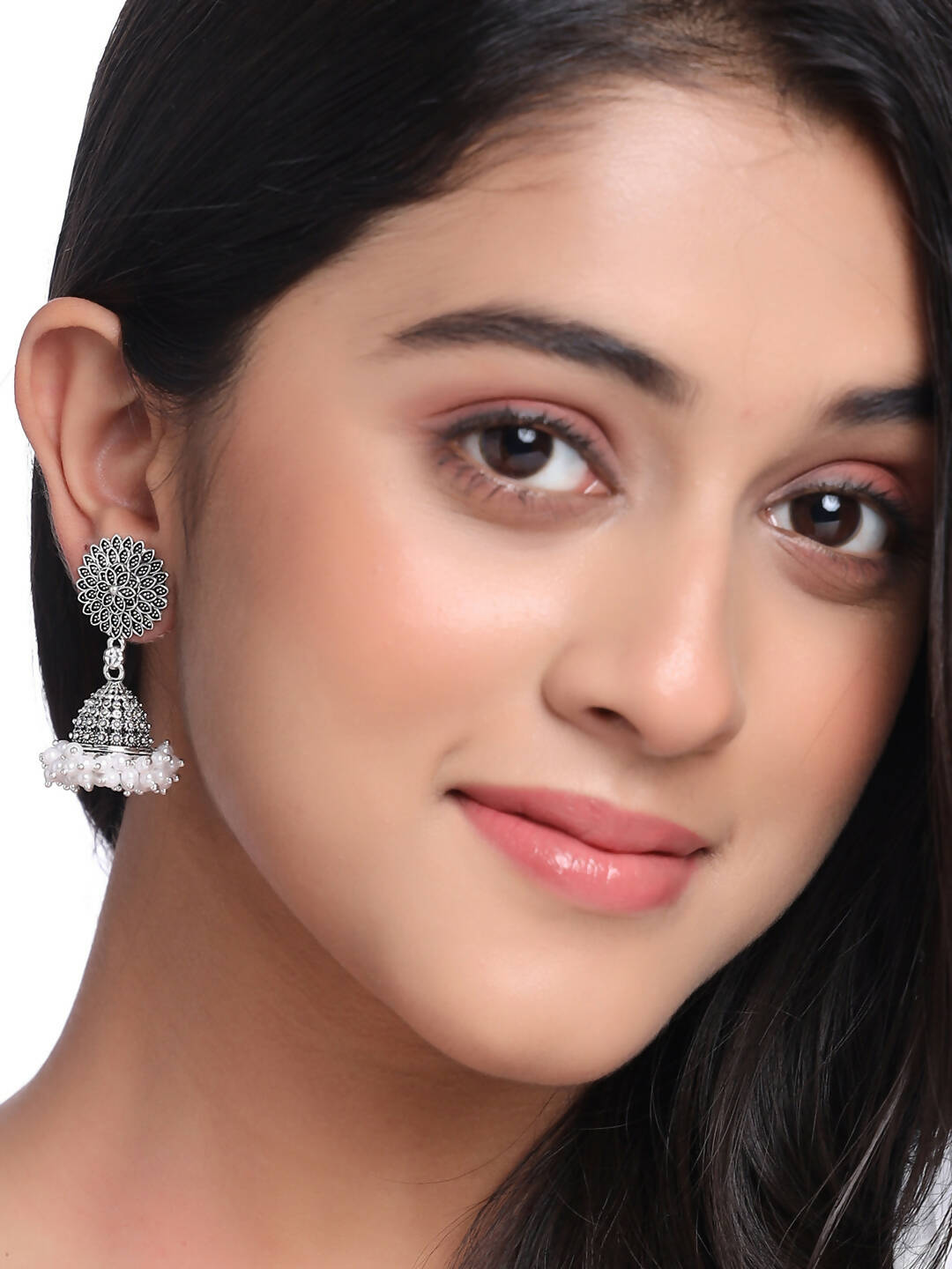 NVR Women Silver Toned Dome Shaped Jhumkas Earrings | Swadesiicart