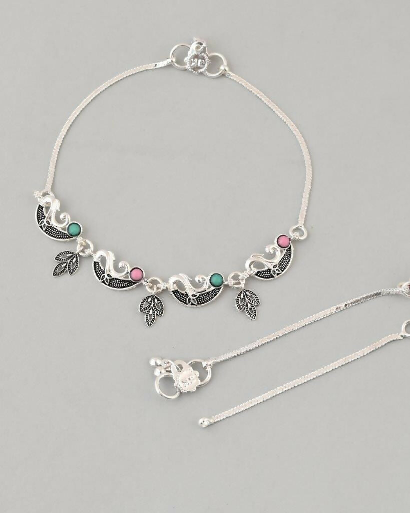 VOJ Set of 2 Silver Plated Multi Color Meenakari Anklet - Swadesiicart