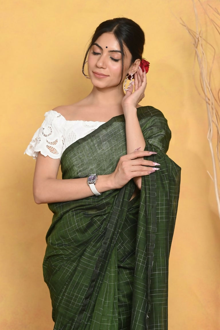Very Much Indian Mul Cotton Khadi Design Handloom Woven Saree - Green | Swadesiicart