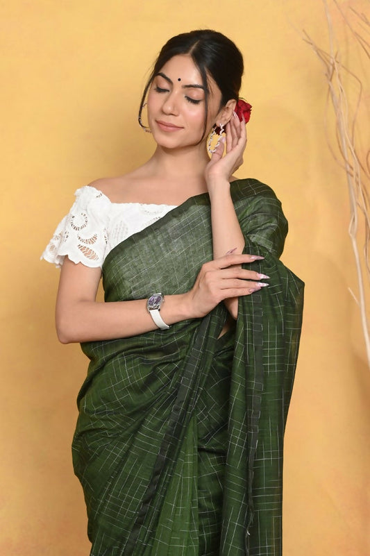 Very Much Indian Mul Cotton Khadi Design Handloom Woven Saree - Green | Swadesiicart