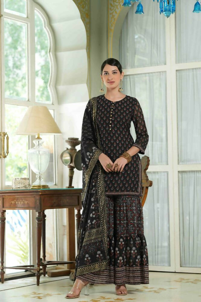 Juniper Black Georgette Festive Floral Print Straight Tunic-Sharara For Women | Swadesiicart