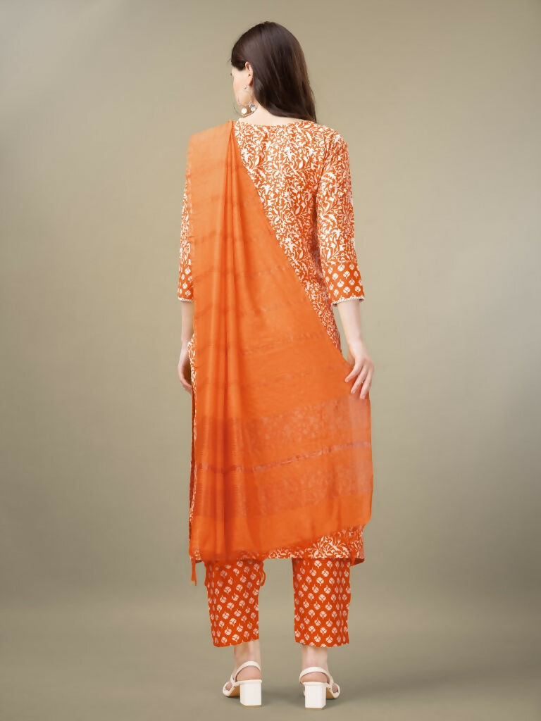 Jyoti Fashion Women's Orange Rayon Embroidery & Sequence work Kurta with Trouser & Dupatta | Swadesiicart
