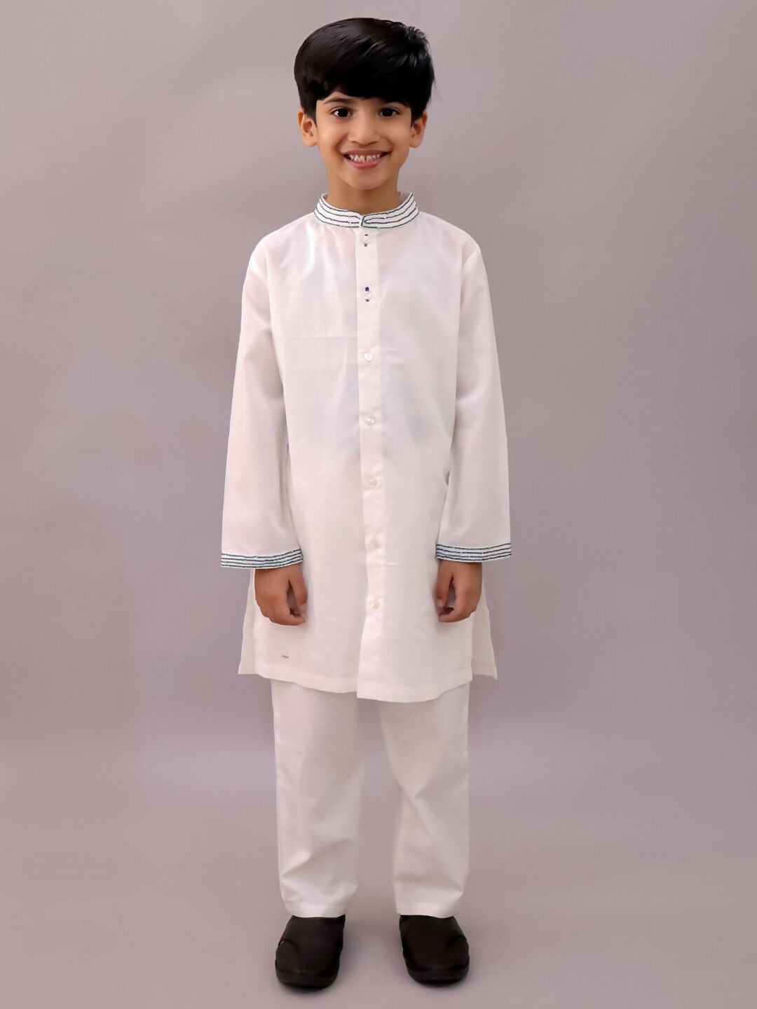 Lil Drama Shor-Gul White Kurta Pyjama with Blue Jacket Set For Boys | Swadesiicart