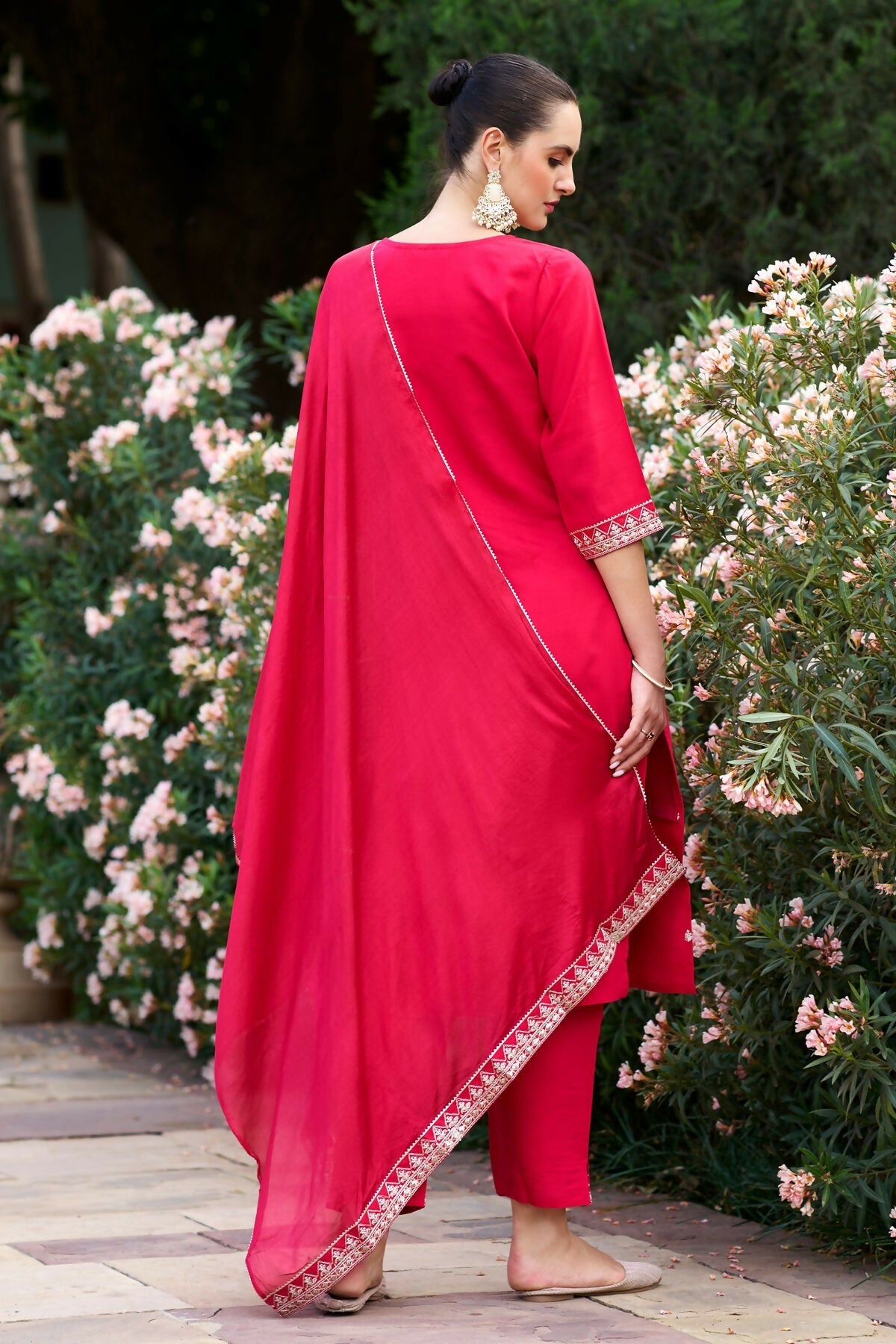 The52 Red Women's Gorgeous Embroidered Rayon Slub Fabric Straight Kurta Pant with Dupatta Set - Swadesiicart