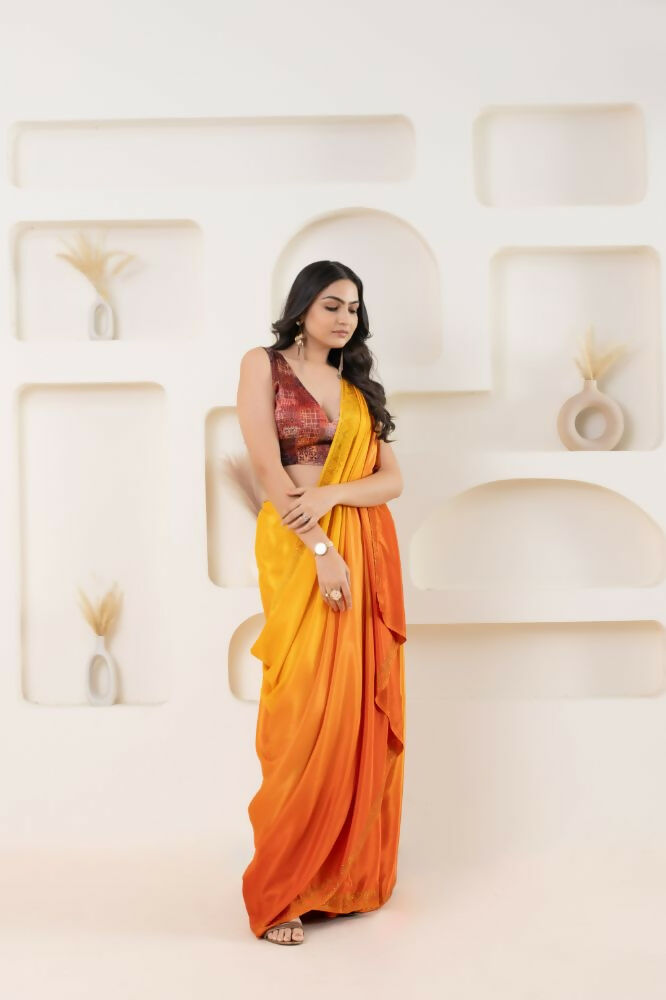 Yellow Satin Pedding Designer, Printed Party Wear Ready To Wear Saree - Femina | Swadesiicart