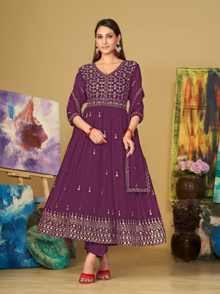 Jyoti Fashion Women's Purple Georgette Embroidered Anarkali Kurta Pant Set With Dupatta | Swadesiicart