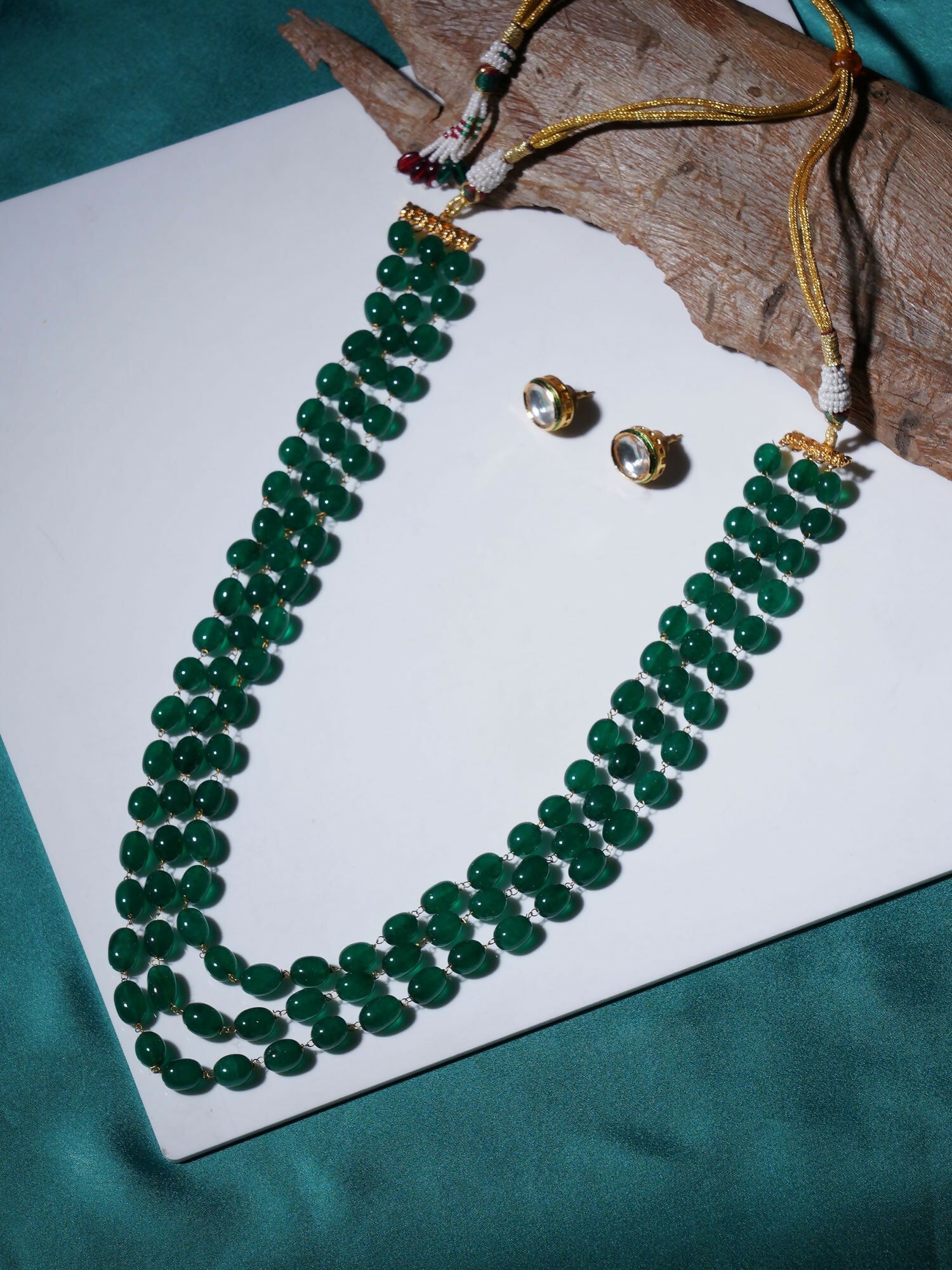 Long Layered Green Neckpiece wtih Kundan Studs Jewellery Set (Green) - Ruby Raang - Swadesiicart