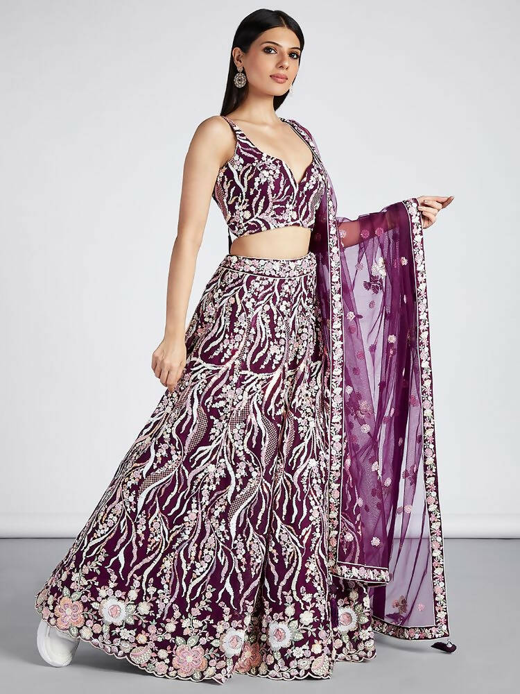 House of Panchhi Burgundy Net Sequins And Thread Embroidery Lehenga Choli & Dupatta | Swadesiicart