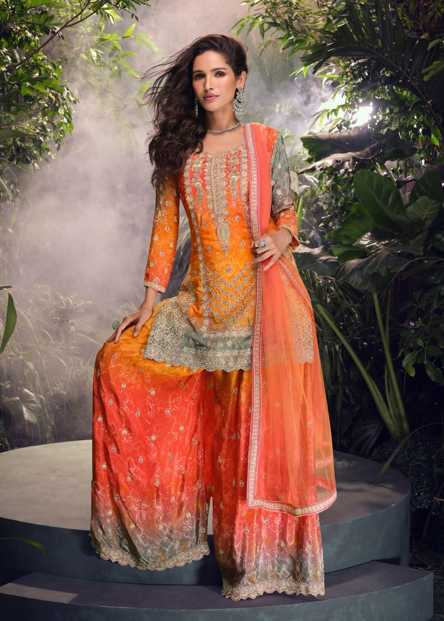 Anaita Orange Chinon Stitched Suit with Embroidery & Sequence Work