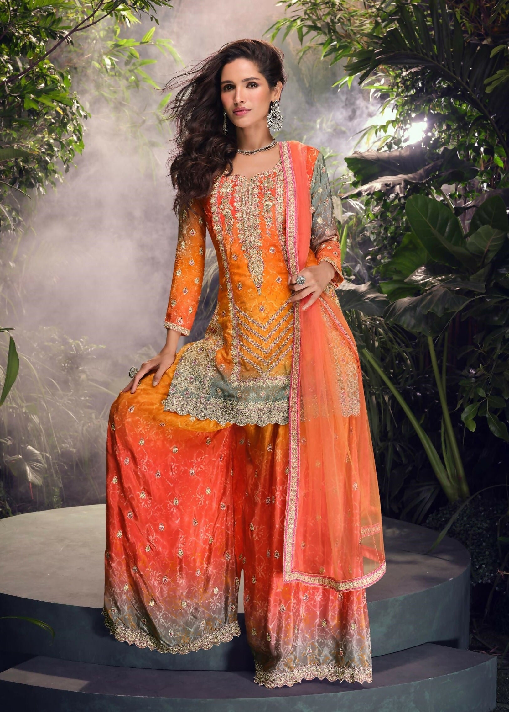 Anaita Orange Chinon Stitched Suit with Embroidery & Sequence Work