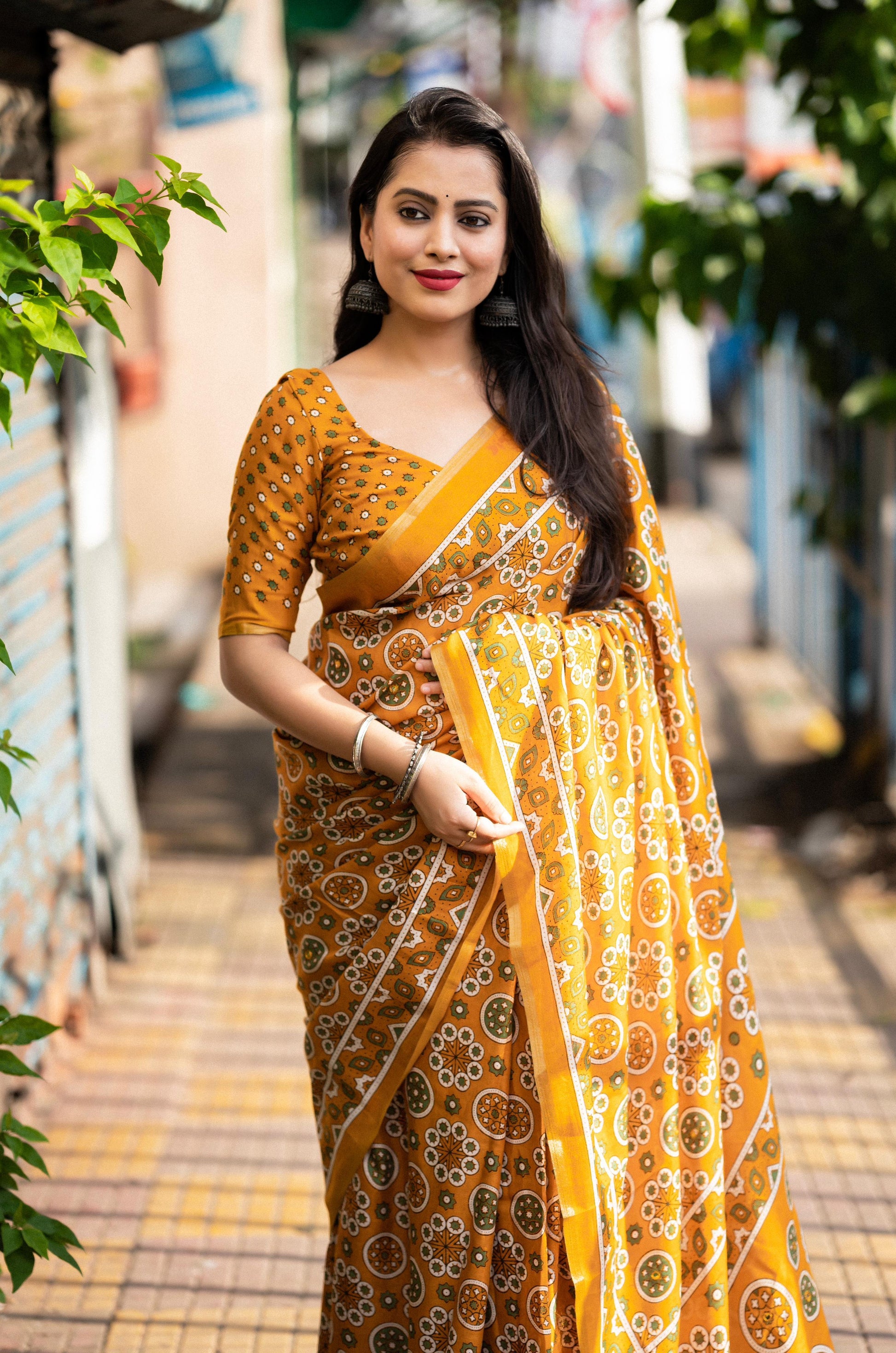 Mustard Cotton Blend Ajrak Saree with Unstitched Blouse - Hiral Fashion | Swadesiicart