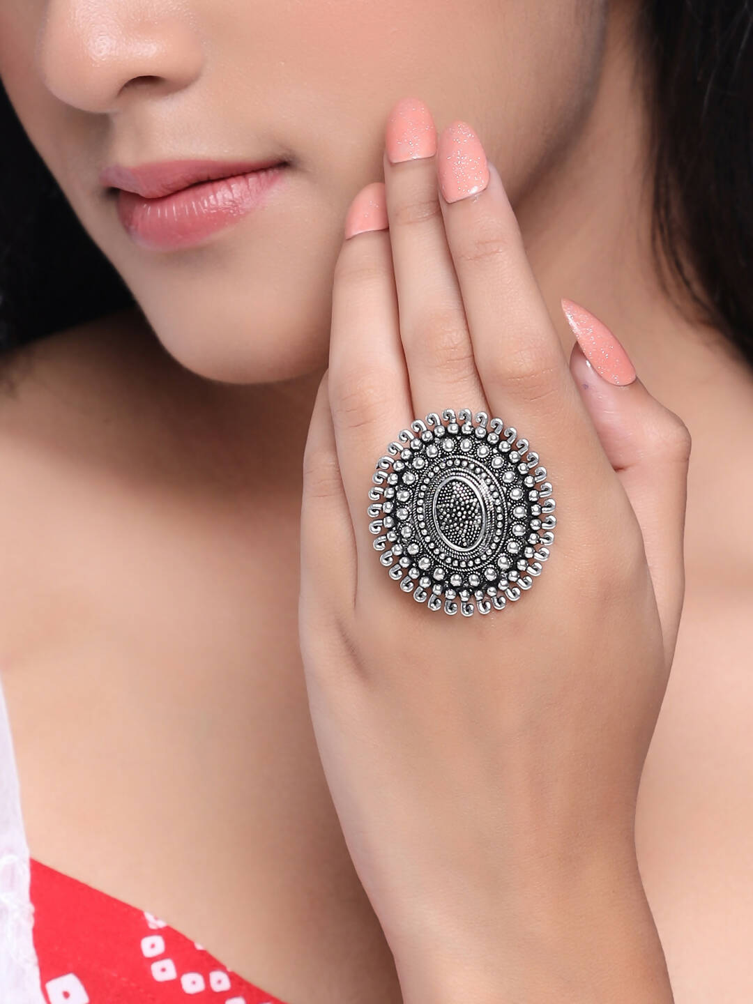 NVR Women's Oxidised Silver Plated Adjustable Finger Ring | Swadesiicart